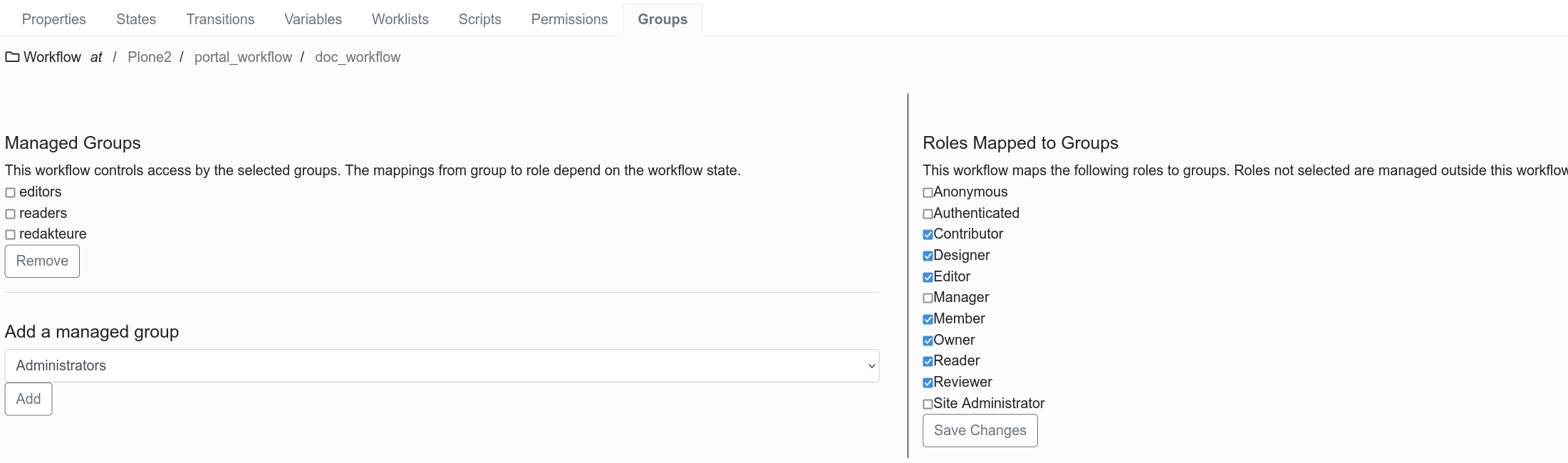 Screenshot showing /portal_workflow/doc_workflow/manage_groups form