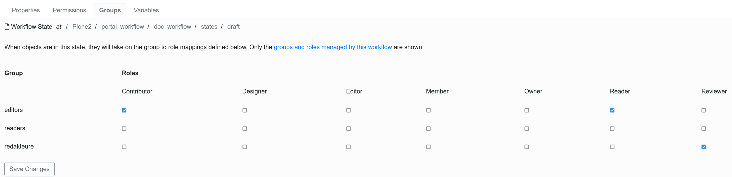 Screenshot showing /portal_workflow/doc_workflow/states/draft/manage_groups form